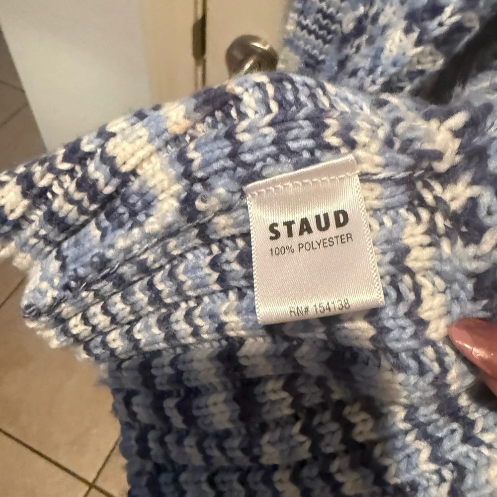 STAUD Blue and White Heavy Knit Sweater Sz XS pockets tie belt - Picture 3 of 9